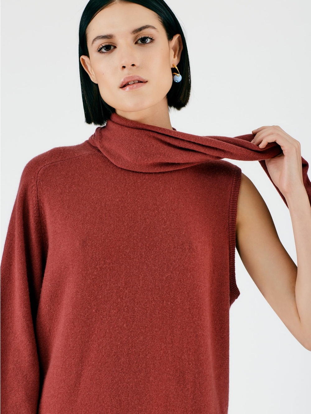 Tibi Feather Weight Cashmere Cutout Sleeve Pullover in Brick